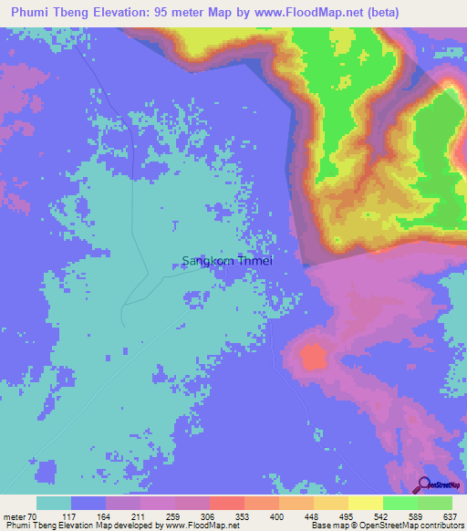 Phumi Tbeng,Cambodia Elevation Map