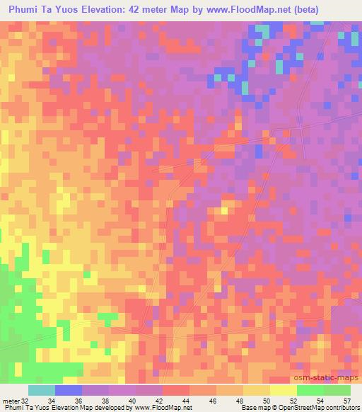 Phumi Ta Yuos,Cambodia Elevation Map