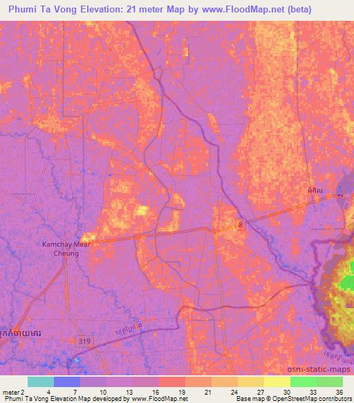 Phumi Ta Vong,Cambodia Elevation Map