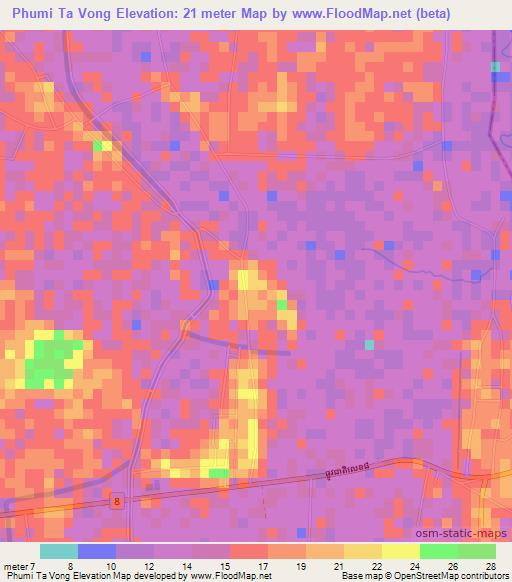 Phumi Ta Vong,Cambodia Elevation Map