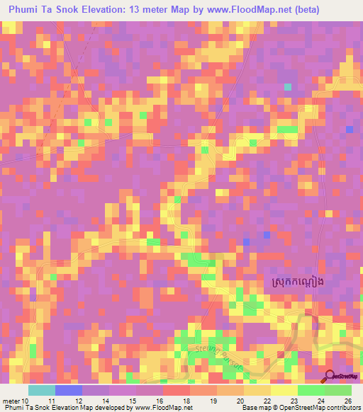 Phumi Ta Snok,Cambodia Elevation Map