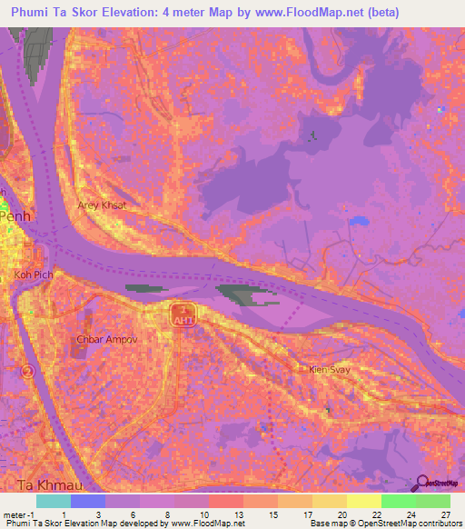 Phumi Ta Skor,Cambodia Elevation Map