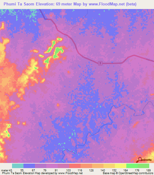 Phumi Ta Saom,Cambodia Elevation Map