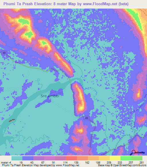 Phumi Ta Preah,Cambodia Elevation Map