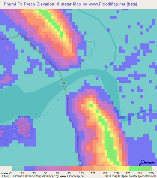 Phumi Ta Preah,Cambodia Elevation Map