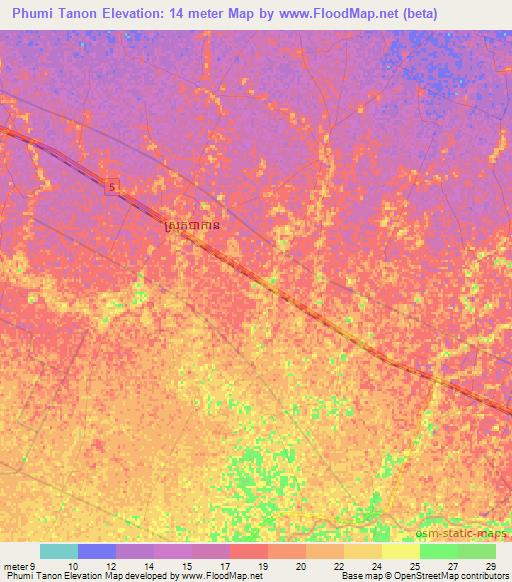 Phumi Tanon,Cambodia Elevation Map