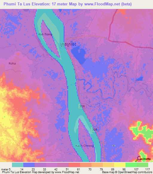 Phumi Ta Lus,Cambodia Elevation Map
