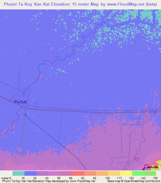 Phumi Ta Koy Kan Kat,Cambodia Elevation Map