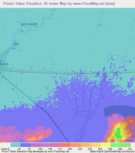 Phumi Takev,Cambodia Elevation Map