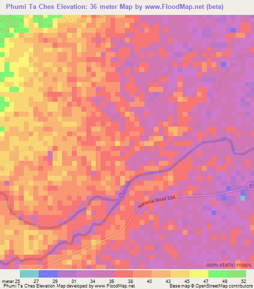 Phumi Ta Ches,Cambodia Elevation Map