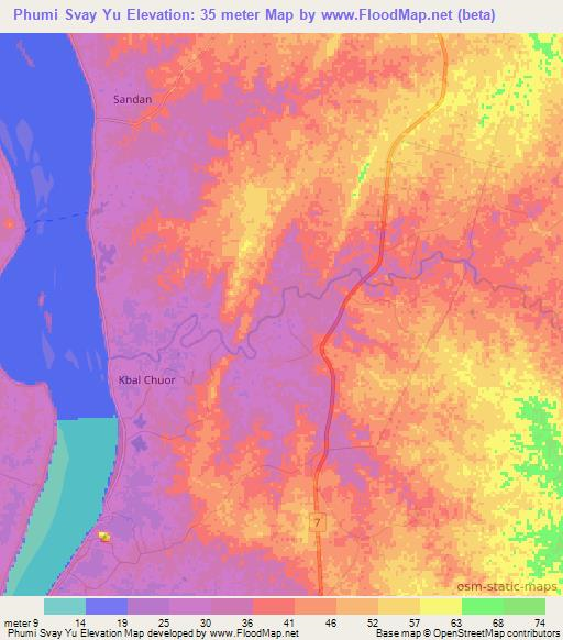 Phumi Svay Yu,Cambodia Elevation Map