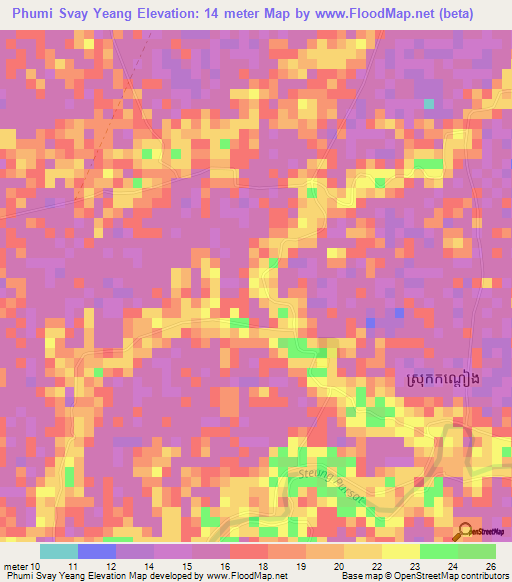 Phumi Svay Yeang,Cambodia Elevation Map