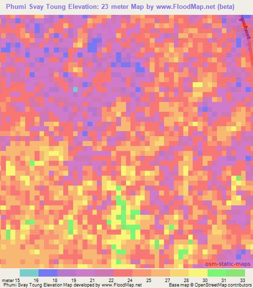 Phumi Svay Toung,Cambodia Elevation Map
