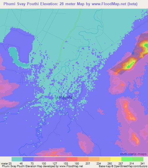 Phumi Svay Pouthi,Cambodia Elevation Map