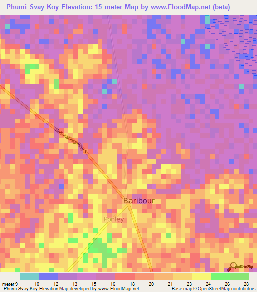 Phumi Svay Koy,Cambodia Elevation Map