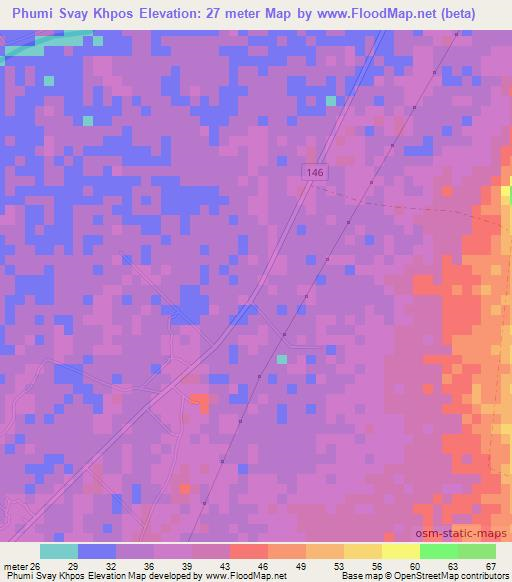Phumi Svay Khpos,Cambodia Elevation Map