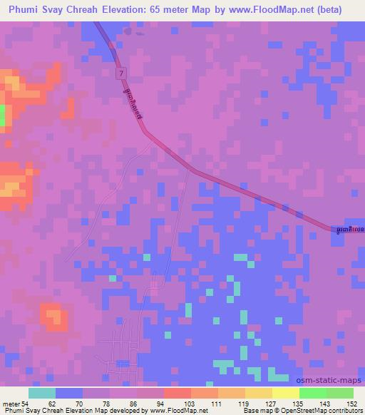 Phumi Svay Chreah,Cambodia Elevation Map