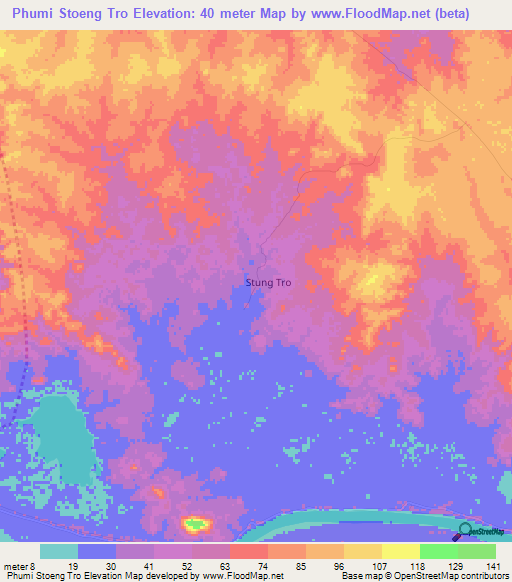 Phumi Stoeng Tro,Cambodia Elevation Map