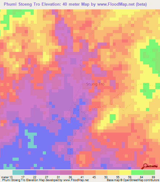Phumi Stoeng Tro,Cambodia Elevation Map