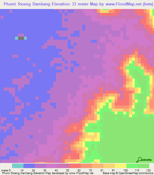 Phumi Stoeng Dambang,Cambodia Elevation Map