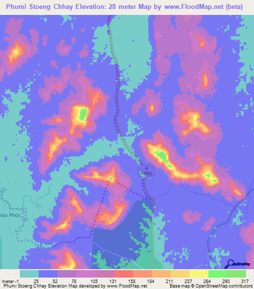 Phumi Stoeng Chhay,Cambodia Elevation Map