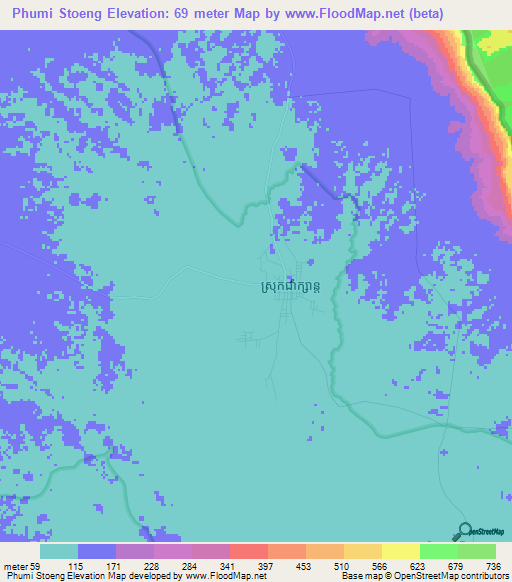 Phumi Stoeng,Cambodia Elevation Map