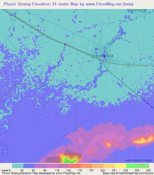 Phumi Stoeng,Cambodia Elevation Map