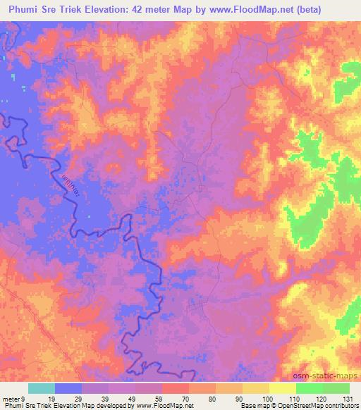 Phumi Sre Triek,Cambodia Elevation Map