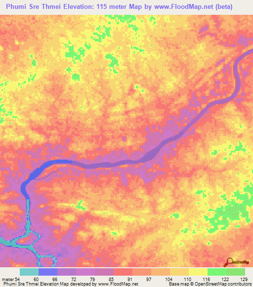 Phumi Sre Thmei,Cambodia Elevation Map