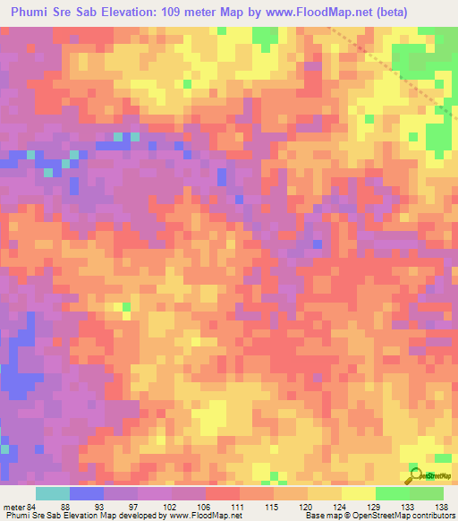 Phumi Sre Sab,Cambodia Elevation Map