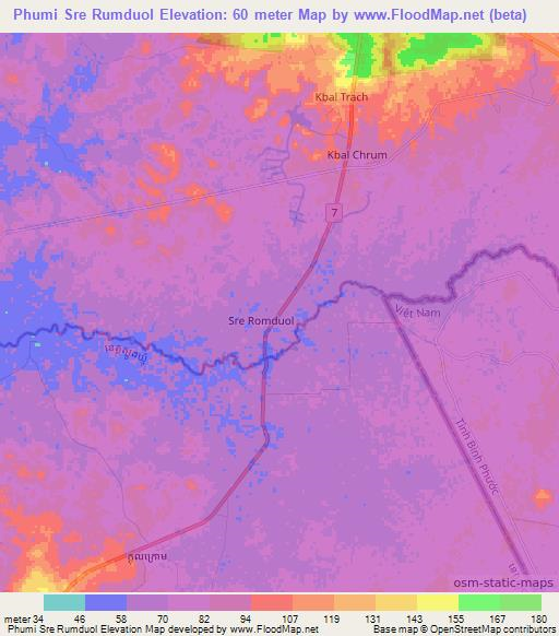 Phumi Sre Rumduol,Cambodia Elevation Map