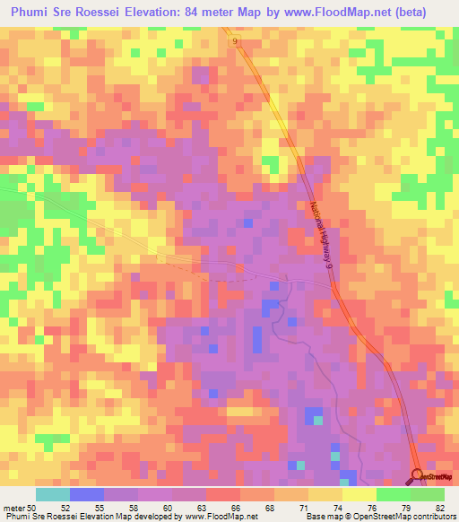 Phumi Sre Roessei,Cambodia Elevation Map