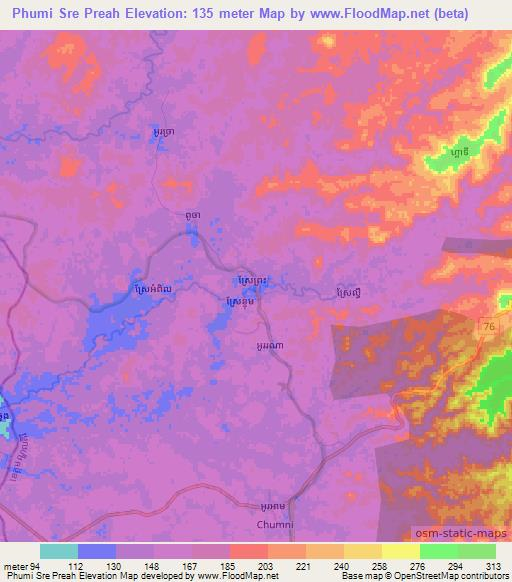 Phumi Sre Preah,Cambodia Elevation Map