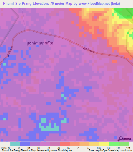 Phumi Sre Prang,Cambodia Elevation Map