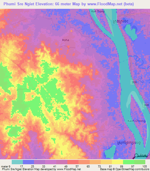 Phumi Sre Ngiet,Cambodia Elevation Map