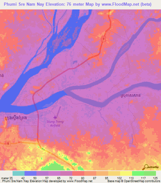 Phumi Sre Nam Nay,Cambodia Elevation Map