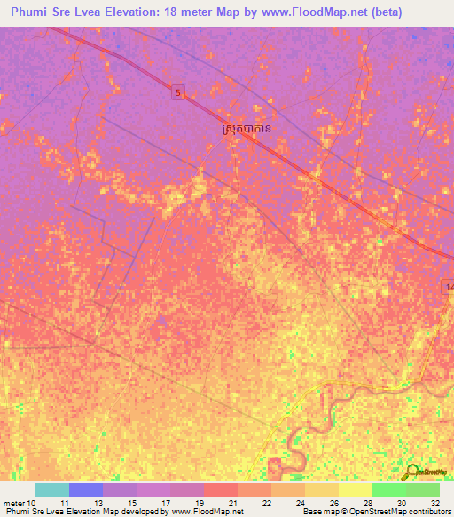 Phumi Sre Lvea,Cambodia Elevation Map
