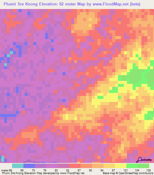 Phumi Sre Knong,Cambodia Elevation Map