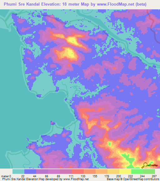 Phumi Sre Kandal,Cambodia Elevation Map