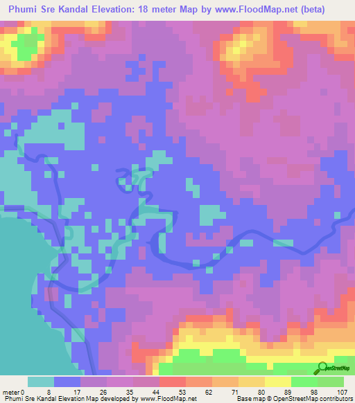 Phumi Sre Kandal,Cambodia Elevation Map