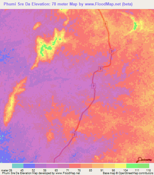 Phumi Sre Da,Cambodia Elevation Map