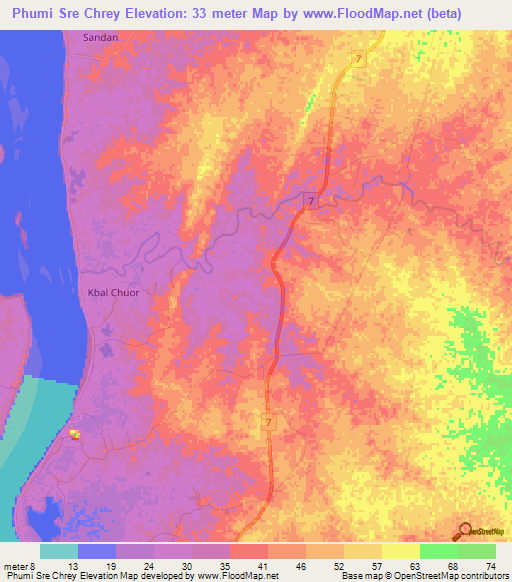 Phumi Sre Chrey,Cambodia Elevation Map