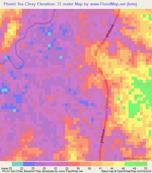 Phumi Sre Chrey,Cambodia Elevation Map