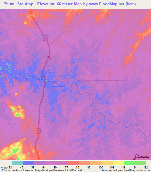 Phumi Sre Ampil,Cambodia Elevation Map