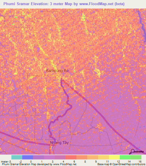 Phumi Sramar,Cambodia Elevation Map
