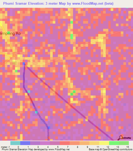 Phumi Sramar,Cambodia Elevation Map