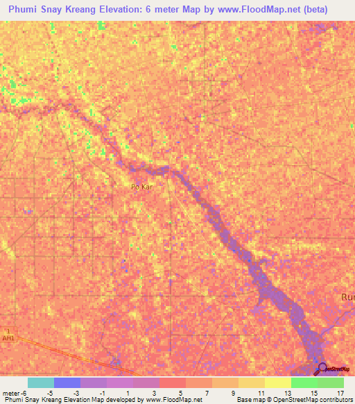 Phumi Snay Kreang,Cambodia Elevation Map
