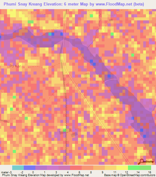 Phumi Snay Kreang,Cambodia Elevation Map
