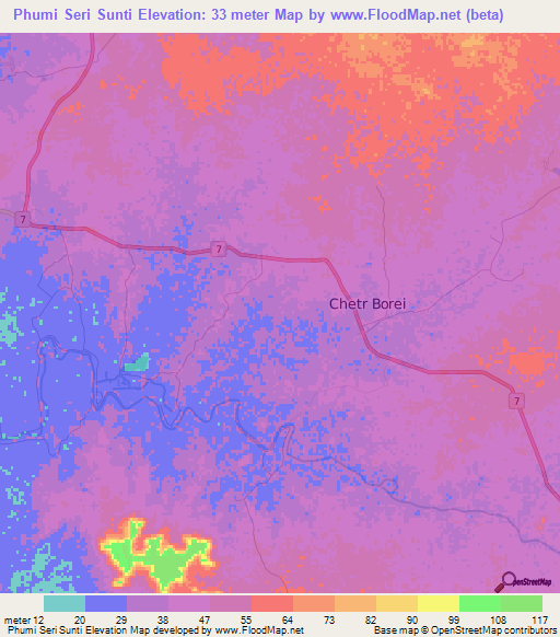 Phumi Seri Sunti,Cambodia Elevation Map