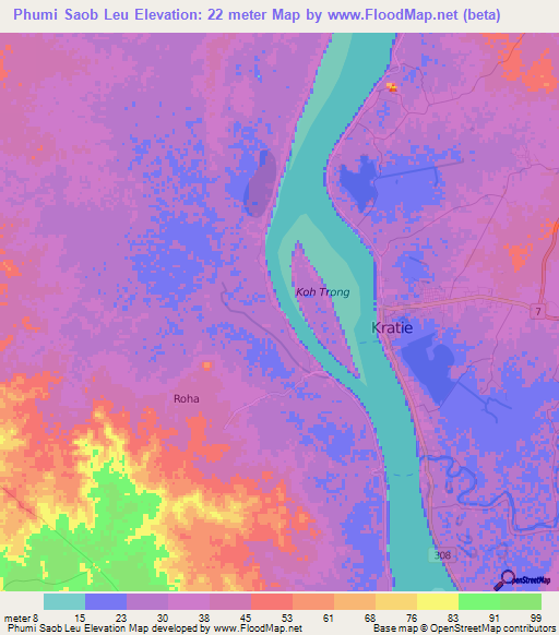 Phumi Saob Leu,Cambodia Elevation Map